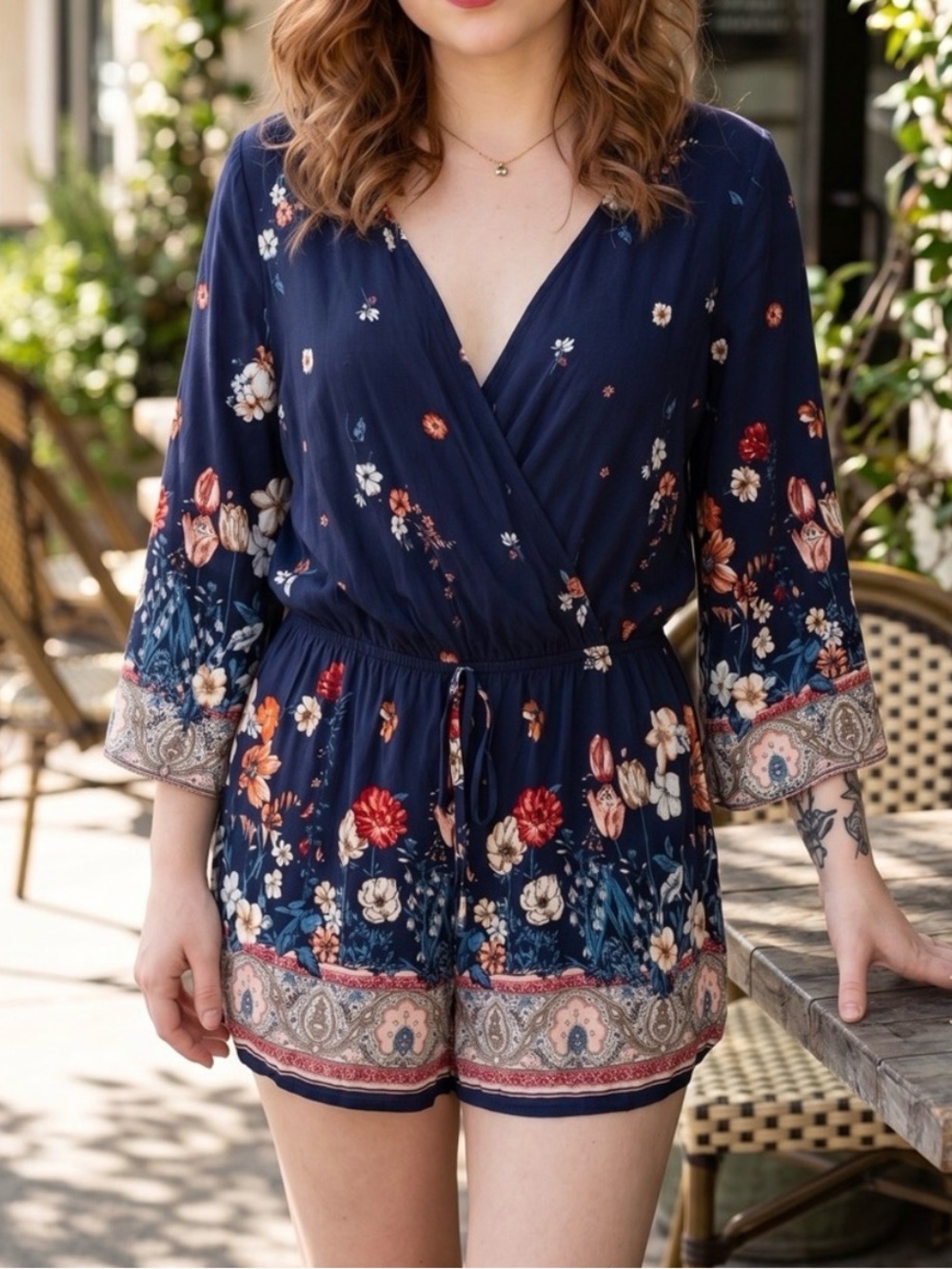 ☀️ Kori America • Navy Floral Wrap Tunic Romper • Women’s Size Small